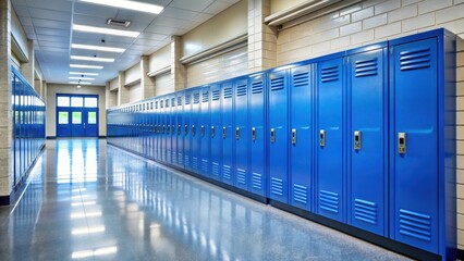 Obraz premium A row of blue metal lockers lining a nondescript high school hallway with large windows that let in plenty of natural light , secondary education, school lockers