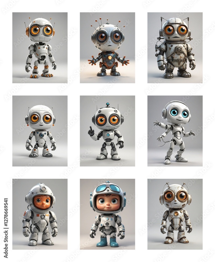 Poster adorable cartoon robots with big eyes in different poses and designs, some are metallic, others chil