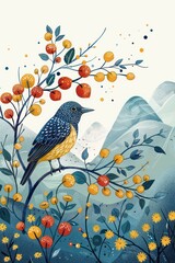 A colorful illustration featuring a bird among vibrant fruits and flowers with mountains in the background.