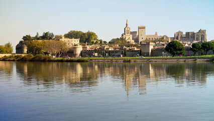 The Medieval part of Avignon in France as seen across the river Rhone