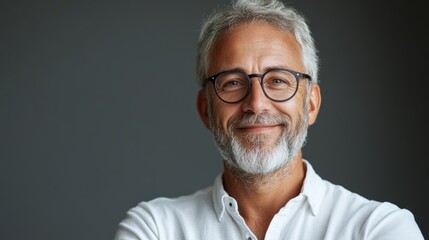 Fototapeta premium Portrait of a Mature Gentleman Featuring a Confident Expression and Distinctive Features, Wearing Glasses and a White Shirt Against a Neutral Background in a Studio Setting