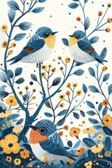 Fototapeta premium A colorful illustration of three birds perched on branches surrounded by flowers.