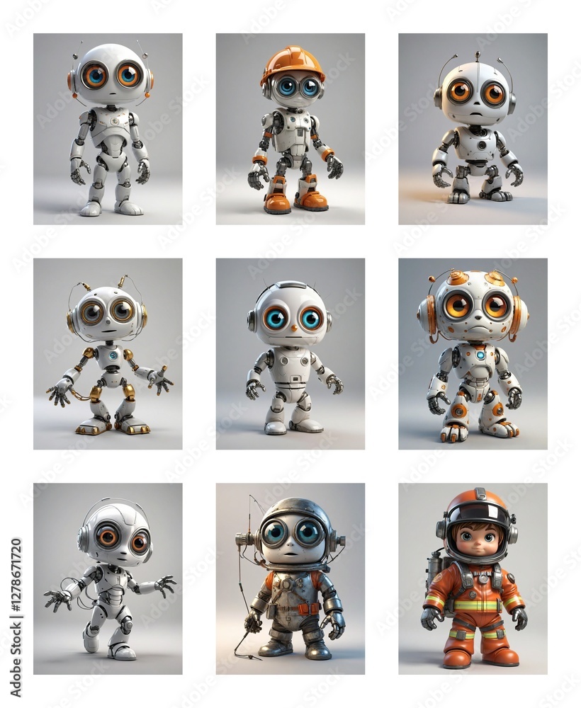 Leinwandbilder Nine robot toys are displayed in a grid. Each robot presents a unique pose and design, showcasing variations in style and accessories.