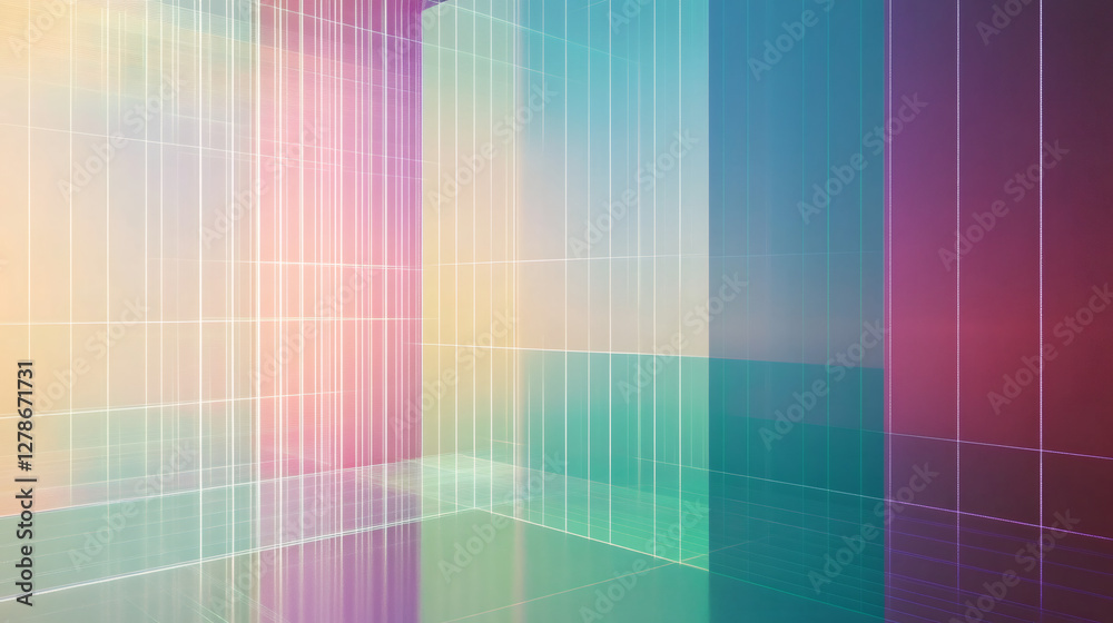 Poster Colorful grid pattern creating a modern architectural space, perfect for backgrounds and designs in technology and innovation