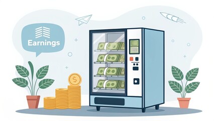 Passive Income Stream. Earnings concept with a vending machine and cash notes surrounded by plants and coins.