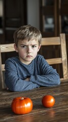 Boy with crossed arms, looking at tomatoes, kitchen setting