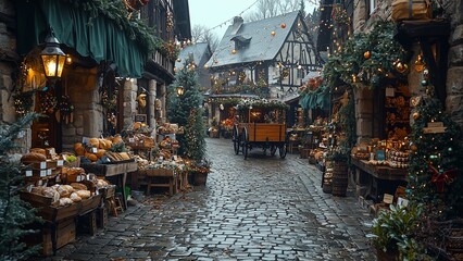 A picturesque cobblestone street lined with rustic stone buildings and charming market stalls, illuminated by warm lantern lights. The autumn leaves and festive decorations create a cozy and inviting 