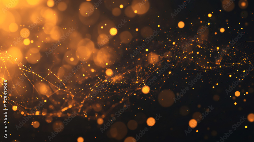 Poster Plexus network connecting particles with bokeh effect forming a golden digital wave on a dark background
