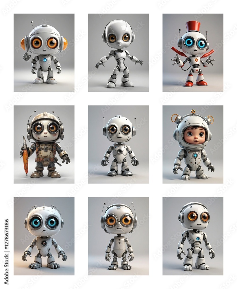 Poster Grid of nine cute robots with large eyes. Each robot is unique, showcasing different styles and accessories.