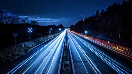Smooth flow of blurred white and blue headlight trails on a dark, abandoned highway