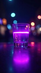 Purple shining neon light on a glassy surface at night, ambient glow, nighttime scene