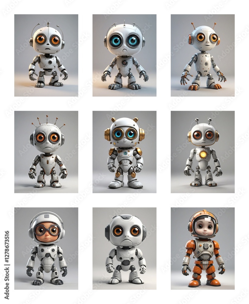Poster Collection of nine small, white robots are displayed against a plain white background. Each robot exhibits unique eye colors and antenna variations.
