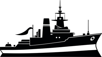 Minimalist Black Warship Silhouette Vector Illustration | Simple Naval Vessel Icon for Military, Battleship, Maritime Defense, and Ocean Warfare Design Elements