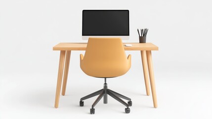 Minimalist Home Office Setup with Mustard Yellow Chair and Light Wood Desk