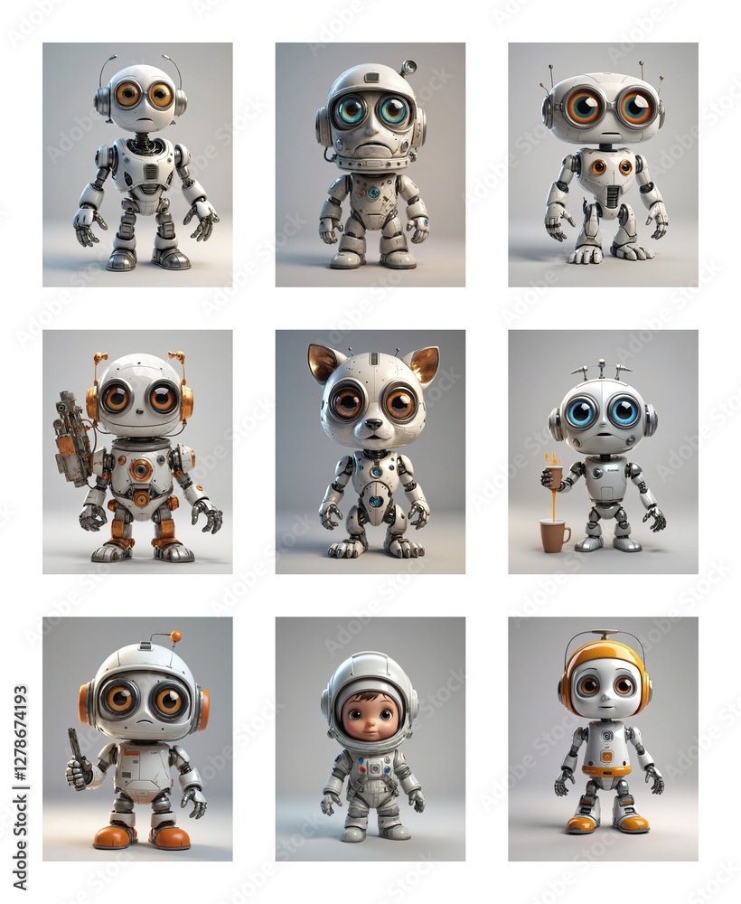 Poster Nine charming cartoon robots with diverse designs and expressions are arranged in a grid against a neutral backdrop.