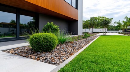 Obraz premium Modern House Exterior with Lush Landscaping and Stone Pathway
