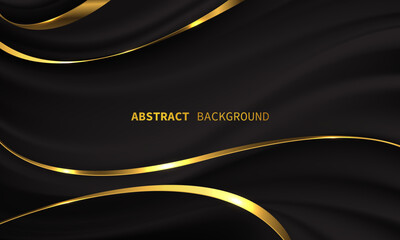 Abstract gold line ribbon curve overlap on black fabric wave design modern luxury elegant background vector