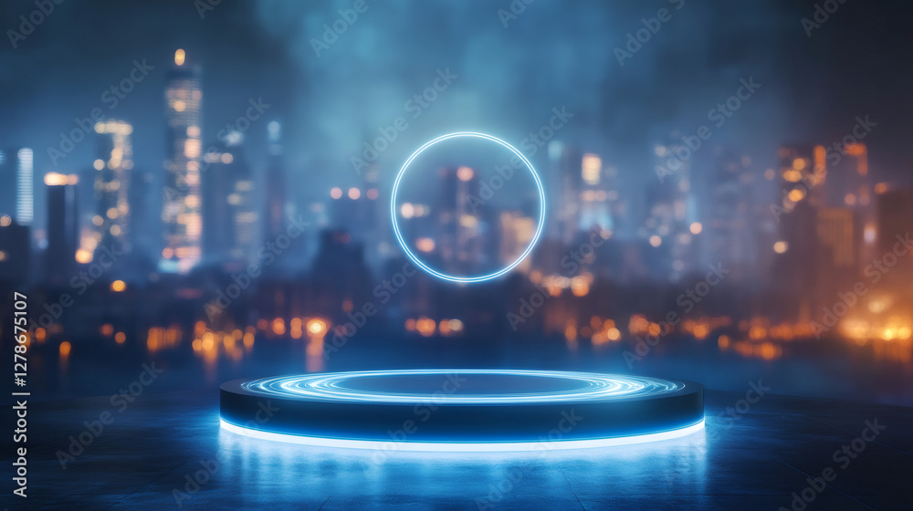 Poster empty illuminated stage floating on blurry night cityscape background with glowing circles, perfect 