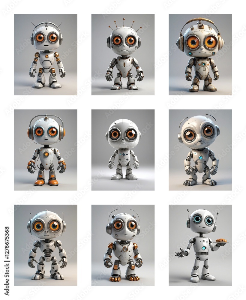 Aufkleber nine variations of a cute cartoon robot. each robot is white and grey with large eyes, different pos