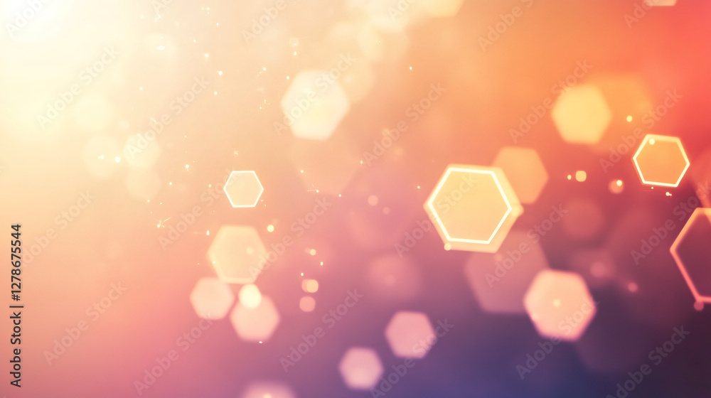 Poster Glowing hexagons and particles floating in a warm colored abstract background, creating a futuristic and technological atmosphere