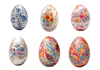 Set of 6 Colorful Intricate Easter Eggs - on Transparent Background