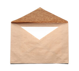 Envelope with card isolated on white, top view. Mockup for design