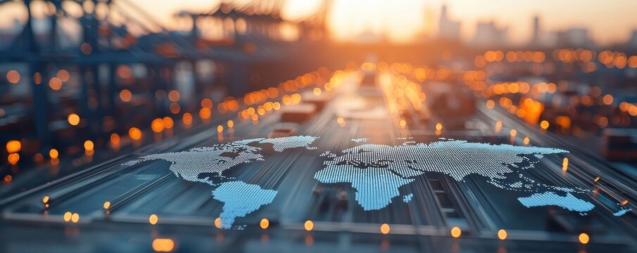 Dynamic logistics operations global shipping port visual data representation busy environment aerial viewpoint transportation network