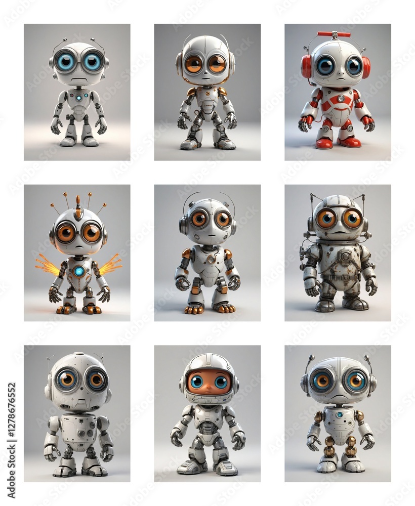 Aufkleber nine cute cartoon robots with varied designs and expressions stand against a white backdrop. digital