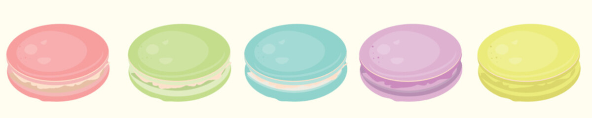 Colorful pastel macarons in pink, green, blue, purple, and yellow