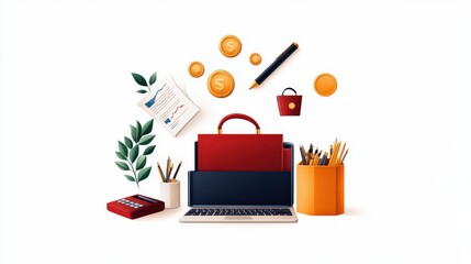 Business concept illustration with office supplies and digital devices for professional design