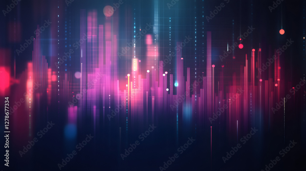 Poster glowing vertical lines and particles form an abstract technology background resembling a digital cit