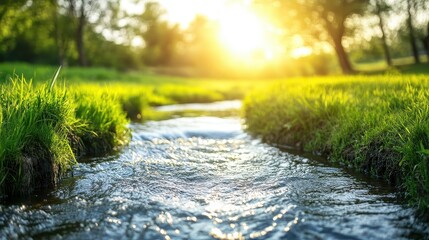Fototapeta premium Sunlight Glimmers on a Serene Stream Through Lush Green Grass
