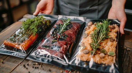 Vacuum packing method for preserving food  pasta, meat, and fish in plastic bags