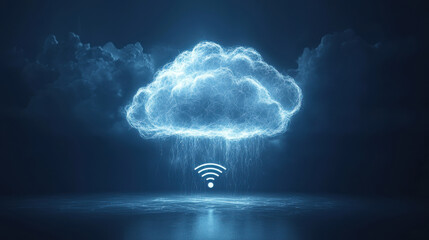 Futuristic cloud icon with electric storm and Wi Fi symbol, representing connectivity