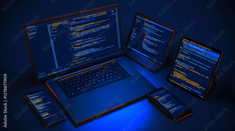 Wall mural 3d rendering of a computer, tablet, and mobile phone displaying code on their screens, representing 