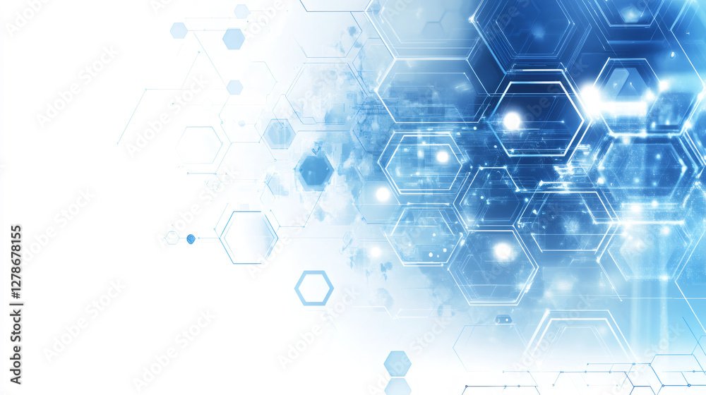 Poster blue futuristic background with hexagons and light spots representing digital communication, big dat
