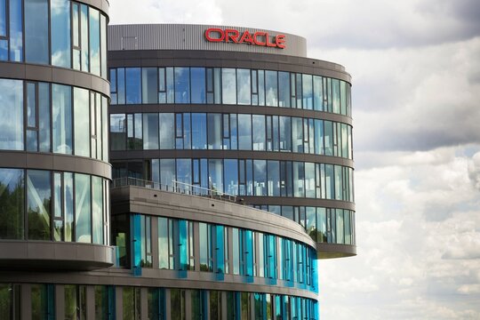 PRAGUE, CZECH REPUBLIC - JUNE 18: Second largest software company in the world Oracle corporation logo on the building of new Czech headquarters on June 18, 2016 in Prague, Czech republic.