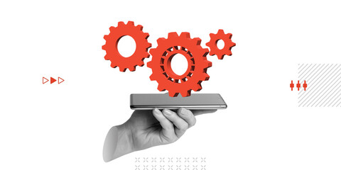 Process automation and collaboration concept. Teamwork, technology, and innovation. Hand holding a...