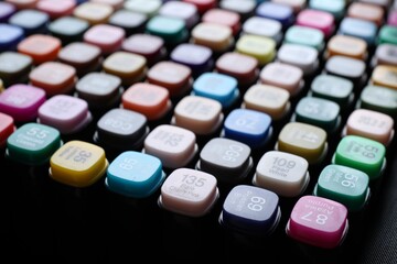 Different double sided markers on black background, closeup