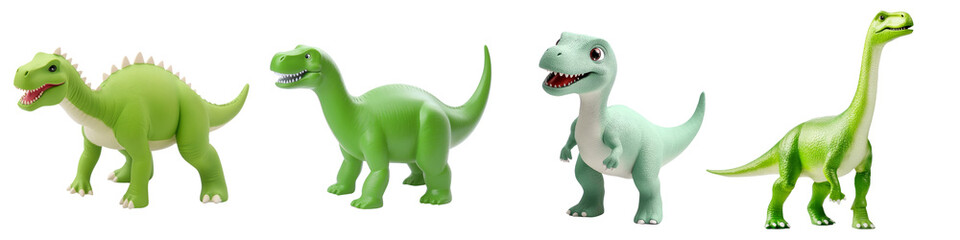 Fototapeta premium Colorful dinosaur toys arranged in a row on a transparent background.