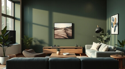 Inviting Living Room Interior With Green Walls And Modern Furniture With Natural Lighting