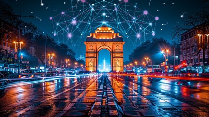 India gate illuminated by digital networks at night, symbolizing urban connectivity in new delhi