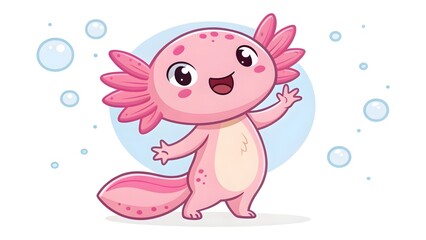 Kawaii pink axolotl waving happy expression chub