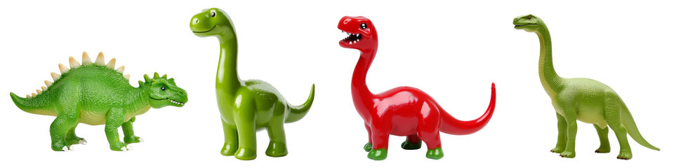 Obraz premium Plastic dinosaur toys in various colors on a transparent background.