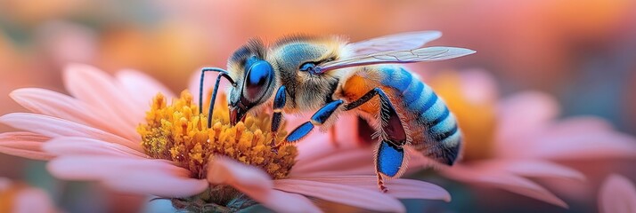 Close-up of a vibrant bee on a delicate pink flower, collecting pollen.