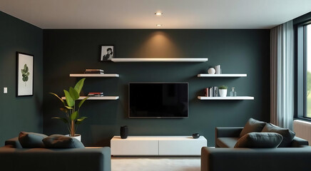 Modern Minimalist Living Room Interior with Dark Green Walls and Floating Shelves