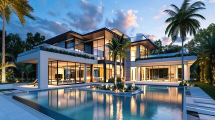 Obraz premium Stunning modern luxury house with a pool at dusk, showcasing sleek architecture and vibrant landscaping.