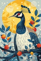 Naklejka premium A stylized peacock perched on a branch, surrounded by foliage and a bright circular backdrop.