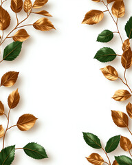 Fototapeta premium Elegant gold and green leaves frame blank white background, perfect for invitations or announcements. contrast of colors adds touch of sophistication and nature