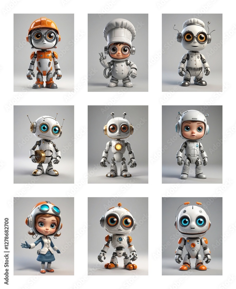 Poster nine charming cartoon robots, each with unique styles and outfits, presented on a simple, neutral ba